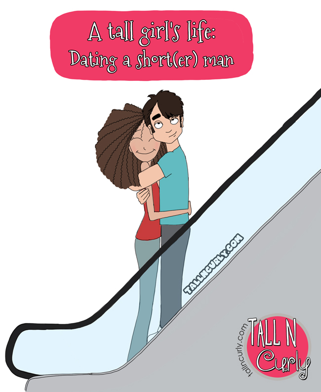 Tall girl Tall N Curly is hugging her short boyfriend in the escalator and feels shorter than him for a moment