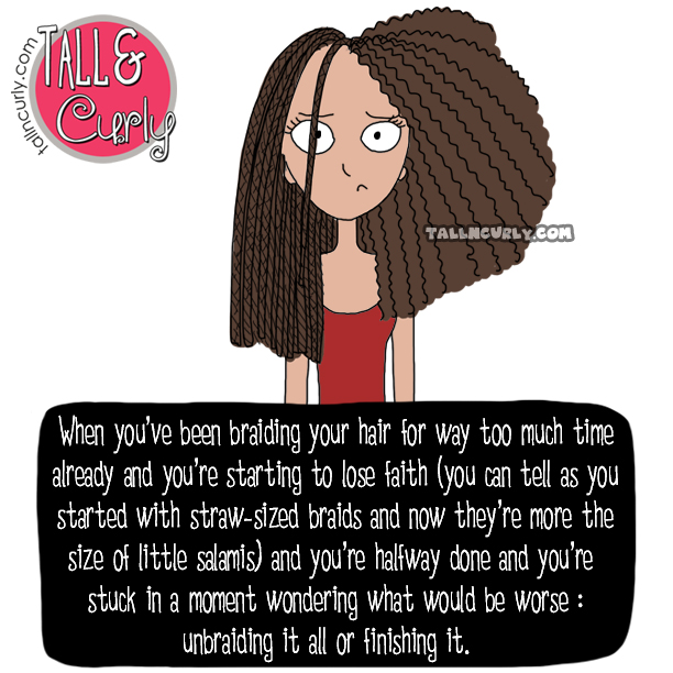 Tall N Curly starts braiding her own hair