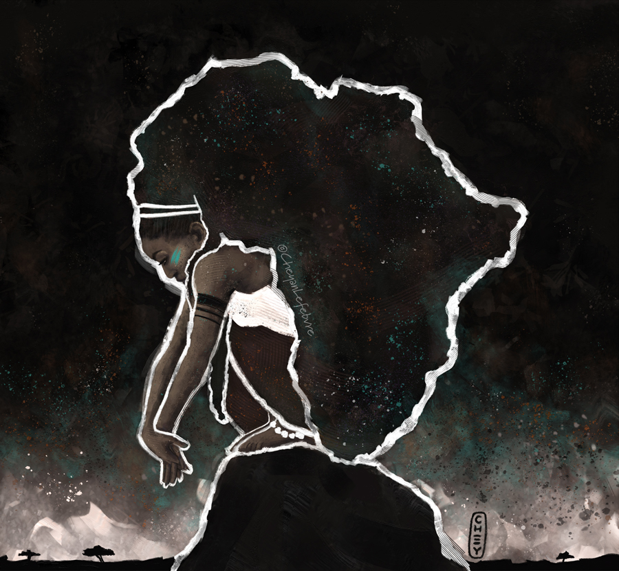 Cheyan Lefebvre - Africa Thinking #drawing #illustration #digitalart #art #painting #digitalpainting #africa #african #goddess #black #naturalhair #curlyhair #afro #bighair