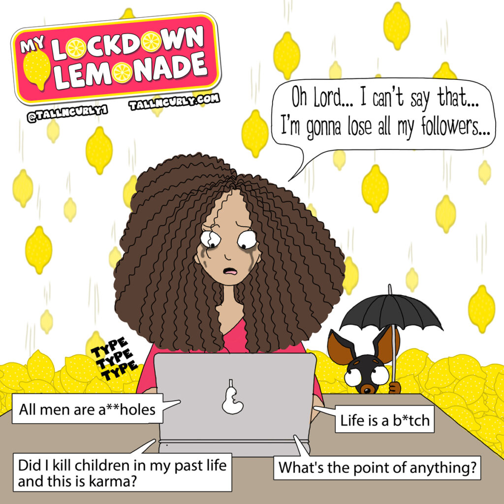 Tall N Curly sitting in front of her computer, crying and trying to write the first post of her My Lockdown Lemonade series